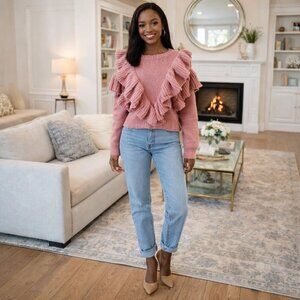 Pink Ruffle Crop Knit Sweater Women’s Size XL Cottagecore